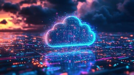Leinwandbilder - Futuristic smart city with cloud computing and data storage concept, neon blue and purple lights, 3D rendering, hightech urban environment, digital infrastructure