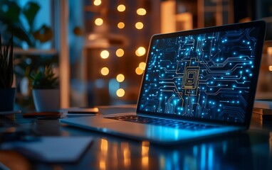 Aufkleber - AI circuit board design overlay on a modern office desk with laptop, glowing digital connections, futuristic office setup, sleek, innovative workspace technology