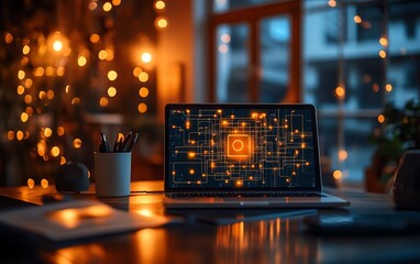 Poster - AI circuit board glowing with digital connections on a modern office desk, laptop and tech devices, futuristic office setup, advanced technology and workspace design