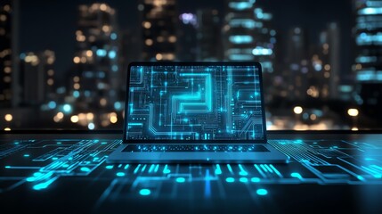 Leinwandbilder - AI circuit board overlay on a modern office desk with a laptop, digital technology, hightech workspace, futuristic design, sleek office environment, glowing circuit patterns