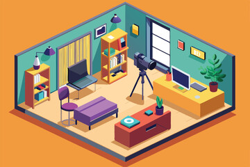 Poster - A creative workspace featuring a camera, plants, and colorful furnishings ideal for illustration projects, Studio photographer Customizable Isometric Illustration