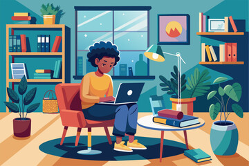 Poster - A young individual focuses on their laptop while studying in a brightly lit living room filled with books, study in the living room
