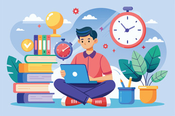 Poster - A student is focused on studying with a laptop amidst books, clocks, and plants in a vibrant study area, Study time management