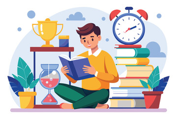 Poster - A student sits cross-legged, engrossed in a book, with hourglass and clock nearby to manage study time wisely, Study time management, reading a book