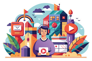 Poster - a person wearing headphones holds a device, surrounded by colorful graphics and creative elements fo