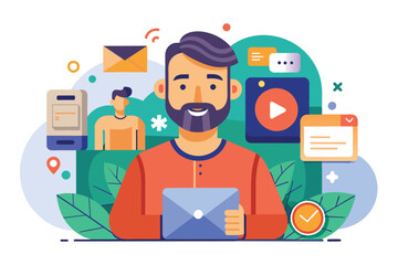 Poster - a man engages with a tablet surrounded by vibrant illustrations depicting digital communication tool