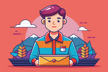 Poster - A young person in a colorful outfit sits at a desk, preparing to send a message surrounded by nature, Subscriber Customizable Semi Flat Illustration