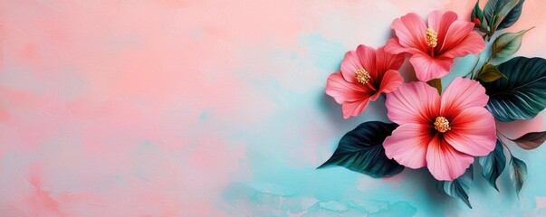 Aufkleber - Floral illustration abstract background idea. Vibrant hibiscus flowers bloom against a colorful, soft background.