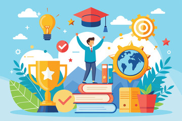 Poster - A young person stands triumphantly on books, symbolizing academic success and the journey to independence, Success and independent learning