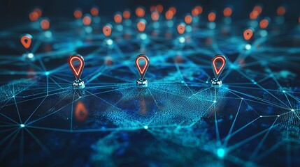 Network Connections with Location Markers and Digital Map Background