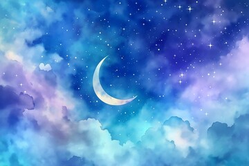 Wall Mural - a watercolor fantasy sky, where a crescent moon glows softly in shimmering shades of deep blue and s