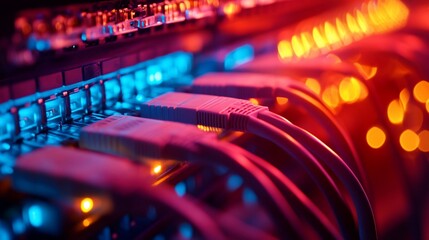 Aufkleber - Close-up of Network Cables and Ports with Vibrant Red and Blue Lights