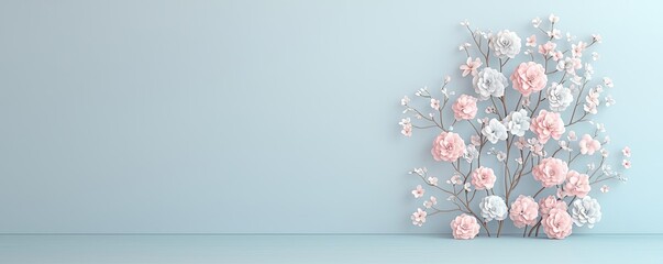 Aufkleber - Pastel color illustration abstract background idea. A delicate arrangement of pastel flowers against a soft blue background.
