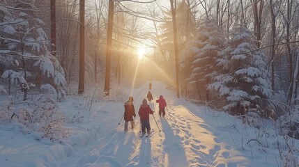 Aufkleber - A group of children is engaging in cross country skiing along a snowy path, surrounded by tall trees as the sun sets, casting golden light through the branches.