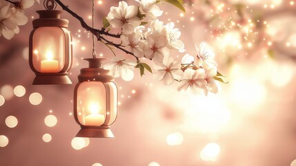 Wall Mural - elegant floral branch with blooming sakura flowers, suspended lanterns emitting a warm glow, magical