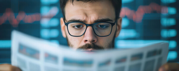 Poster - Reading news article with stock market data in background