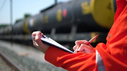Wall Mural - an engineer is checking heavy machine checklist form during inspecting condition, with blurred backg