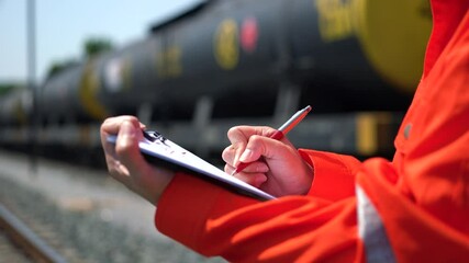 Wall Mural - an engineer is checking heavy machine checklist form during inspecting condition, with blurred backg