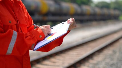 Wall Mural - an engineer is checking heavy machine checklist form during inspecting condition, with blurred backg