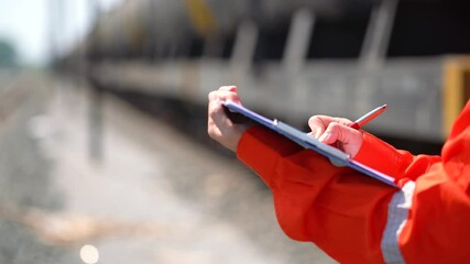 Wall Mural - an engineer is checking heavy machine checklist form during inspecting condition, with blurred backg