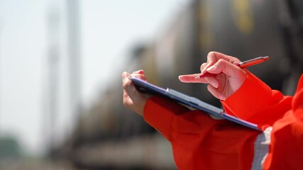 Wall Mural - an engineer is checking heavy machine checklist form during inspecting condition, with blurred backg