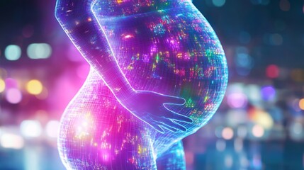 Fototapete - A glowing silhouette of a pregnant figure is shown against a vibrant urban backdrop. The skin appears illuminated with colorful light patterns, reflecting futuristic themes and technology.
