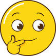 © JASHIM - Thinking emoji with finger on chin, A yellow thinking emoji with a hand on its chin, conveying curiosity, contemplation, or deep thought in a playful and cute manner.