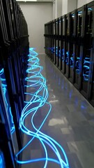 Poster - Dynamic blue cables glowing in modern data center server aisle