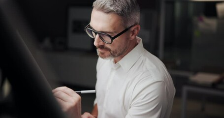 Fototapete - Business, drawing and night with man, creativity and architecture with industry. Evening, person and employee with ideas, illustration and deadline with engineering, writing and construction planning