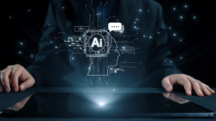 Poster - human interact with ai artificial intelligence brain processor in concept of ai artificial intellige
