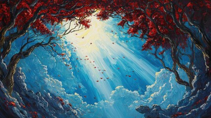 Wall Mural - Vibrant Landscape with Red Trees and Radiant Sunlight Beams