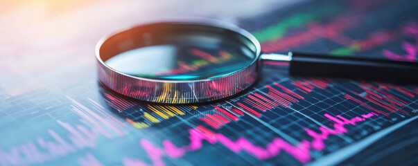 Poster - Analyzing financial data with magnifying glass on stock charts
