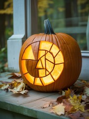 Poster - Halloween pumpkin glows warmly on porch, surrounded by autumn leaves in a beautifully balanced composition