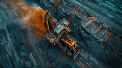 Aufkleber - A large excavator operates in an open pit mine while extracting minerals as dust and debris are kicked up against a dusk backdrop, highlighting industrial activity and rugged terrain.