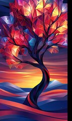 Poster - Abstract Colorful Tree Landscape at Sunset