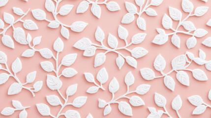 Poster - White leaves pattern on pink background, creating serene and elegant look. , Seamless Pattern