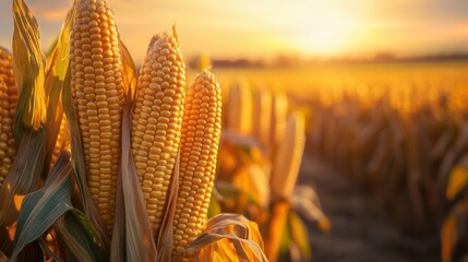 Poster - Golden corn cobs stand tall in an expansive field during a warm evening sunset showcasing agricultural beauty