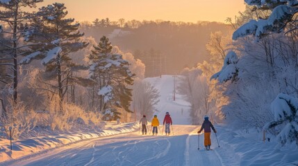 Aufkleber - Groups of hikers traverse a snowy pathway lined with frosted trees, with a warm sunset painting the sky in soft hues, creating a serene winter atmosphere.