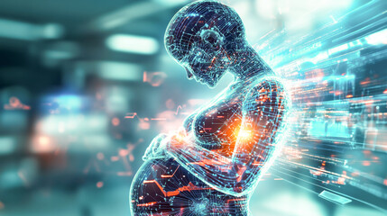 Poster - A digital artistic interpretation showcases a pregnant figure with glowing lines, symbolizing the connection between technology and life.