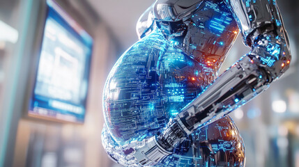 Poster - A futuristic display showcases a robotic figure with a visibly pregnant abdomen that highlights advanced technology.