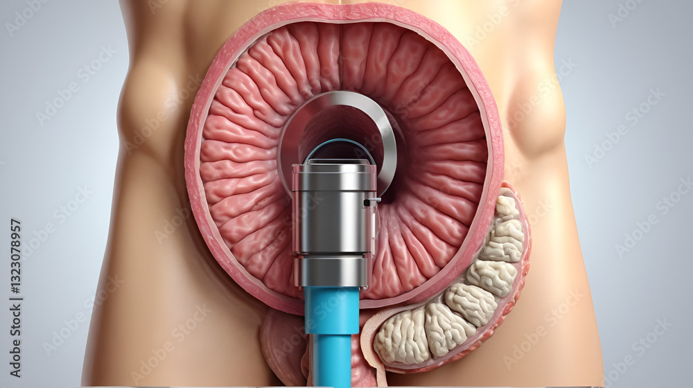 Colorectal cancer, malignant tumor in intestine, Endoscope inside ...