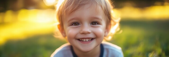 Poster - Smiling child enjoying a sunny day in the park with vibrant green grass in the background