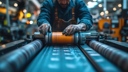 Poster - Printer technician fixing industrial printing machine in factory detailed repair process in action
