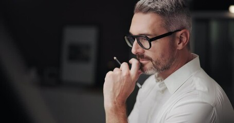 Aufkleber - Business, drawing and night with man, thinking and architecture with industry. Evening, person and employee with ideas, illustration and deadline with problem solving, solution and decision in office