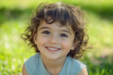 Poster - Smiling child enjoying a sunny day in a park with green grass background and bright sunlight enhancing their joyful expression