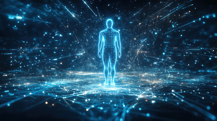 abstract digital human hologram floating in the center of space, surrounded by glowing blue light pa
