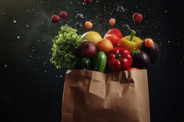 Fototapete - Fresh fruits and vegetables tumble from a paper grocery bag in a dynamic display of color and texture under dramatic lighting