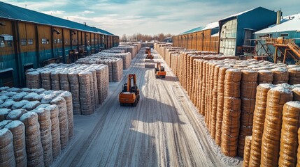 Fototapete - Large machinery moves through a snow-covered industrial yard, transporting rolls of materials between storage areas in a refinery setting. The atmosphere is brisk and productive.