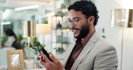 Leinwandbilder - Business, connection and man in office, cellphone and funny meme with digital app. Happy person, journalist and magazine editor in workplace, smartphone and internet with communication or mobile user