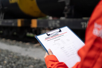 Wall Mural - an engineer is checking heavy machine checklist form during inspecting condition, with blurred backg